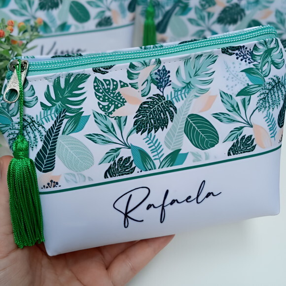 Necessaire Personalizada Floral, Verde Tropical com Nome