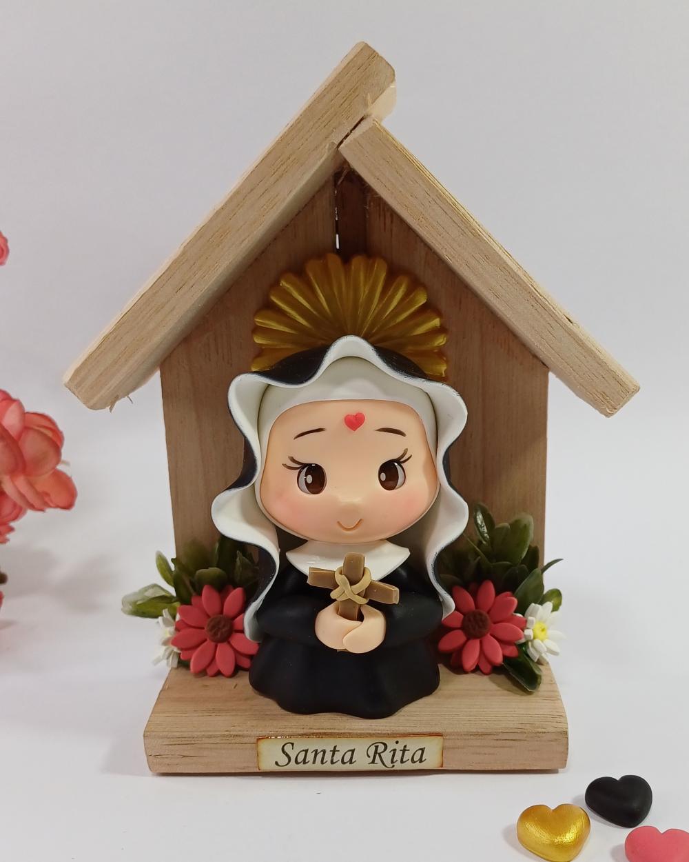 Santa Rita de Cássia em Biscuit com Oratório de Madeira