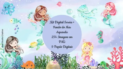 Kit Digital Sereia + Fundo do Mar Aquarela