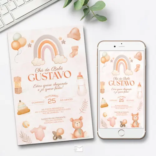 Convite Digital Chá de Bebê Arco-íris Boho