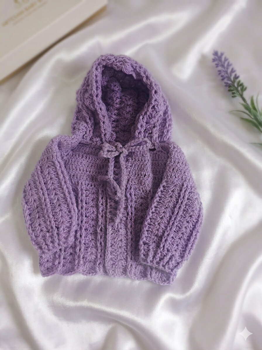 Casaquinho Crochê Bebê Lilás com Capuz 0 a 3 Meses