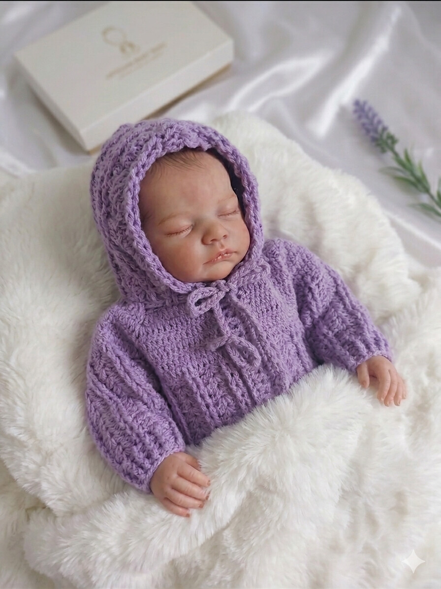 Casaquinho Crochê Bebê Lilás com Capuz 0 a 3 Meses
