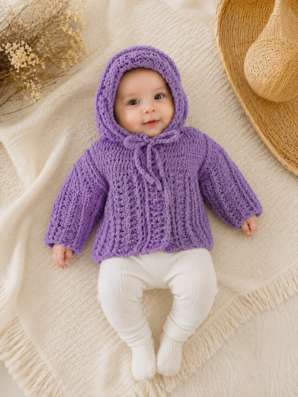 Casaquinho Crochê Bebê Lilás com Capuz 0 a 3 Meses