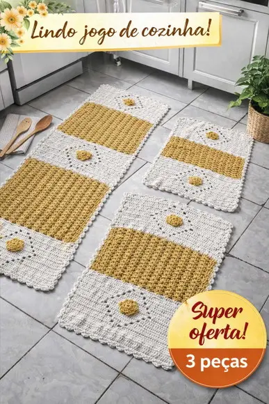 ✨ Jogo de Tapetes de Cozinha em Crochê Leque – 3 Peças ✨