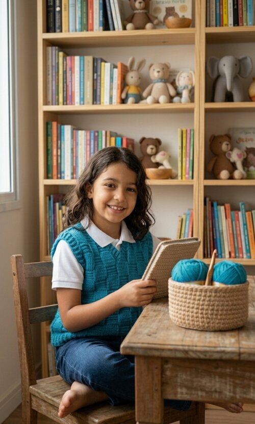 Colete Infantil de Crochê Azul - Roupa Feita à Mão