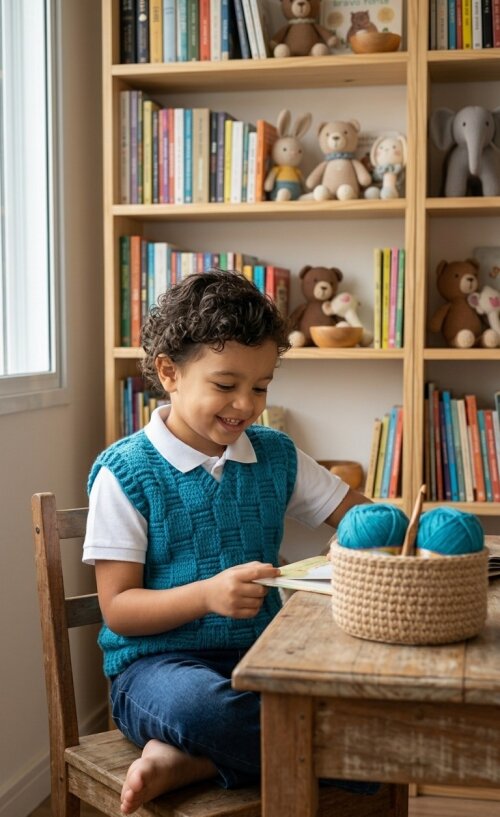 Colete Infantil de Crochê Azul - Roupa Feita à Mão