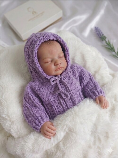 Casaquinho Crochê Bebê Lilás com Capuz 0 a 3 Meses