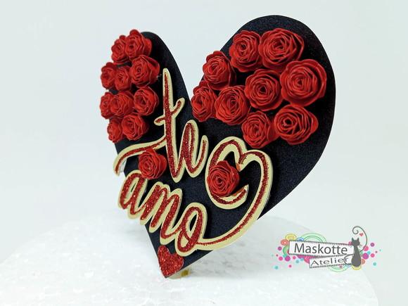 Topo de bolo coração e rosas dia dos namorados