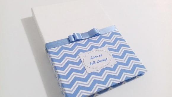 Livro/Diário do bebê azul e branco em chevron