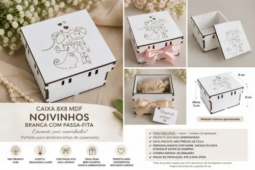 Caixa 8x8 mdf Noivinhos Branca para Casamento Batizado Festa