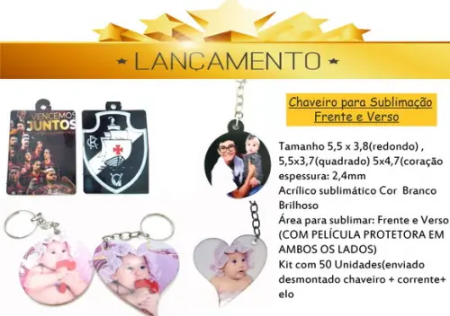 Kit 50 Chaveiros para Sublimar Frente e Verso