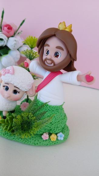 Topo de Bolo em Biscuit Jesus e a Ovelhinha