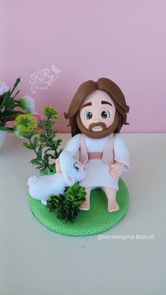 Topo de Bolo Bom Pastor, Jesus, em Biscuit