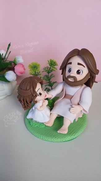 Topo Personalizado, Menina com Jesus, em Biscuit