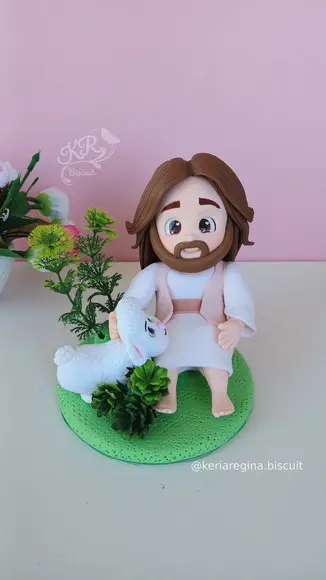 Topo de Bolo Bom Pastor, Jesus, em Biscuit