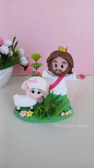 Topo de Bolo em Biscuit Jesus e a Ovelhinha