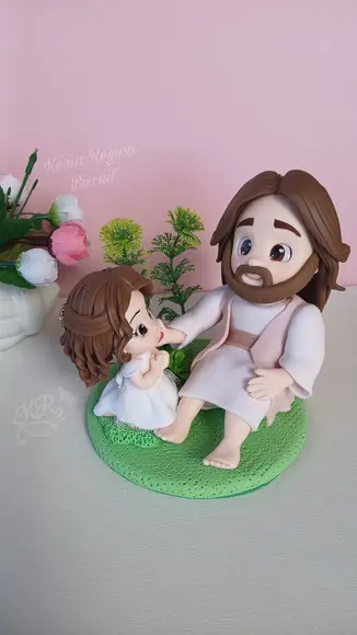 Topo Personalizado, Menina com Jesus, em Biscuit