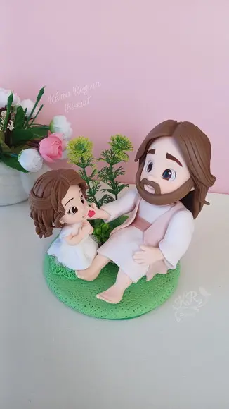 Topo Personalizado, Menina com Jesus, em Biscuit