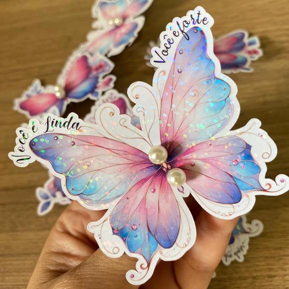 Card Borboleta Efeito Holográfico com Brinco de Pérolas