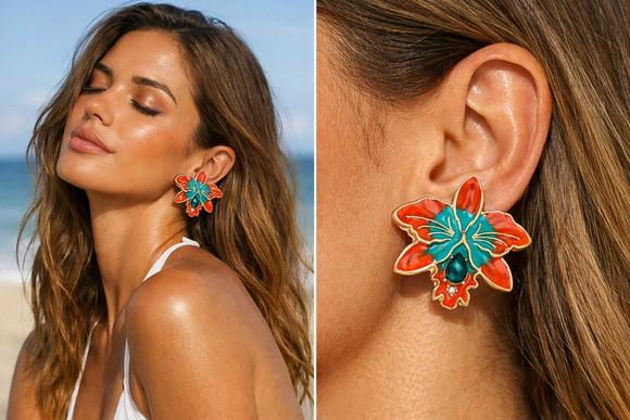 Brinco de Metal Resinado Flor Laranja e Turquesa | Colorido