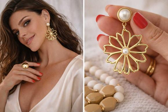 Brinco Feminino Design Floral Dourado Pérola | Sofisticado