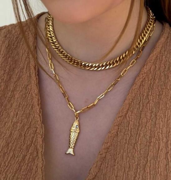 Colar Duplo Peixe Dourado Peça Deluxe - Banhado