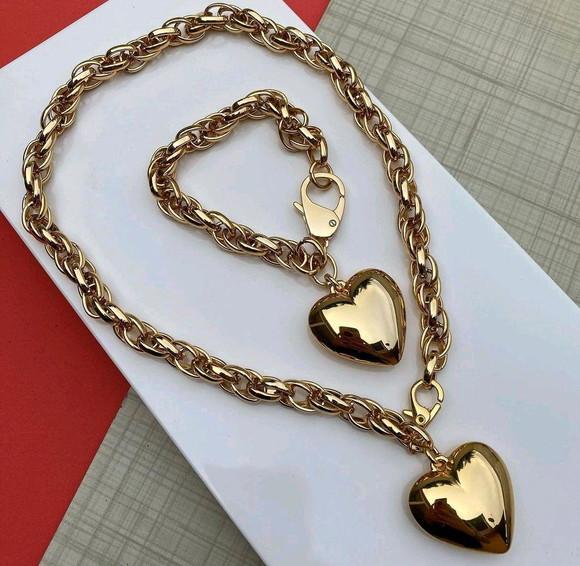 Conjunto Banhado com Corações - Colar + Pulseira