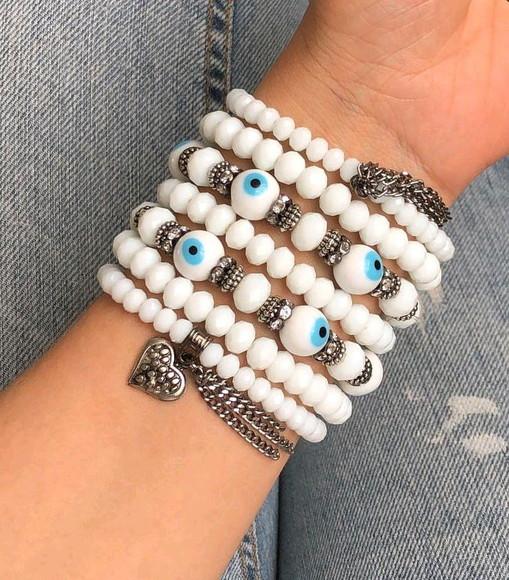 Mix De Pulseiras Cristal Branco com Olho Grego