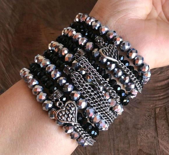 Mix De Pulseiras Cristal Deluxe - Preto com Prata