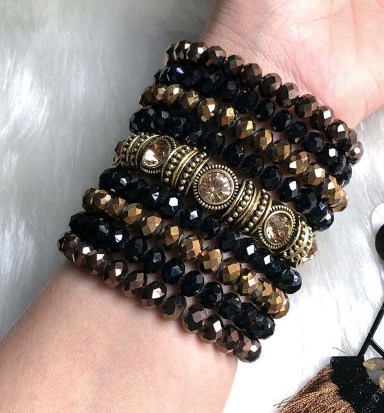 Mix De Pulseiras Cristal Marrom, Cobre e Preto