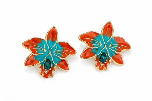 Brinco de Metal Resinado Flor Laranja e Turquesa | Colorido