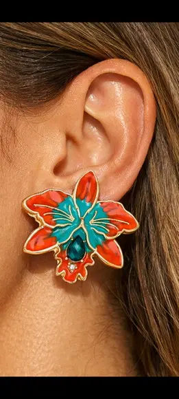 Brinco de Metal Resinado Flor Laranja e Turquesa | Colorido