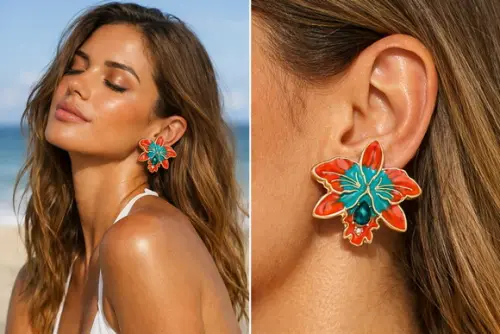 Brinco de Metal Resinado Flor Laranja e Turquesa | Colorido