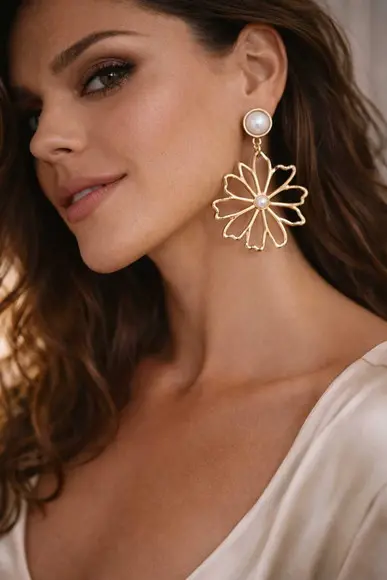 Brinco Feminino Design Floral Dourado Pérola | Sofisticado