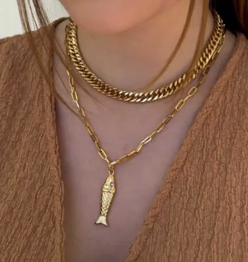 Colar Duplo Peixe Dourado Peça Deluxe - Banhado