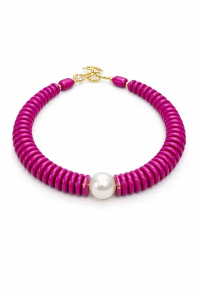 Colar Maxi em Resina Fúcsia e Pérola | Elegante - Presente