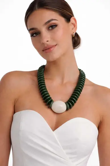 Colar Maxi em Resina Verde e Marfim | Elegante - Presente