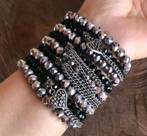 Mix De Pulseiras Cristal Deluxe - Preto com Prata
