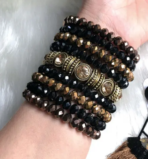 Mix De Pulseiras Cristal Marrom, Cobre e Preto