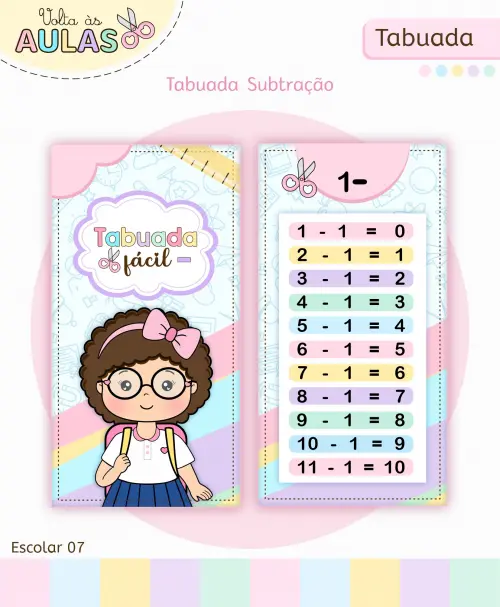Kit Tabuada Menina Volta às Aulas Arquivo Digital em PNG e PDF