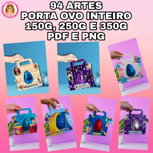 94 Artes – Arquivo de Corte Páscoa Porta Ovo Inteiro 150g, 250g e 350g em PDF e PNG / Sacolinha Ovo de Páscoa