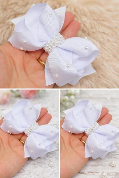 Laço Branco Bordado c Pérolas - Infantil / Festas