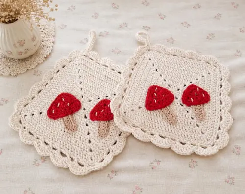 Descanso de Panela em Crochê c Cogumelos - Decoração Retrô