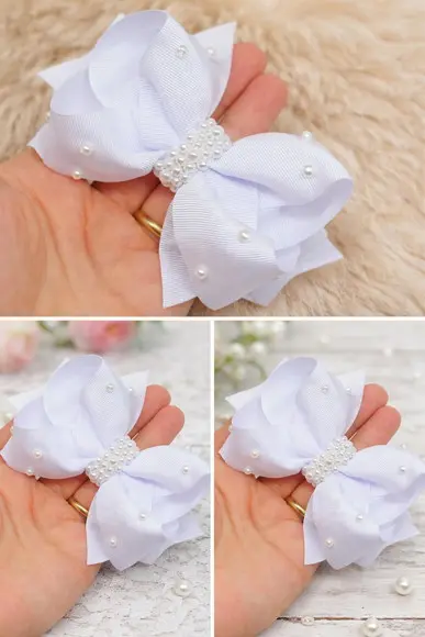 Laço Branco Bordado c Pérolas - Infantil / Batizado