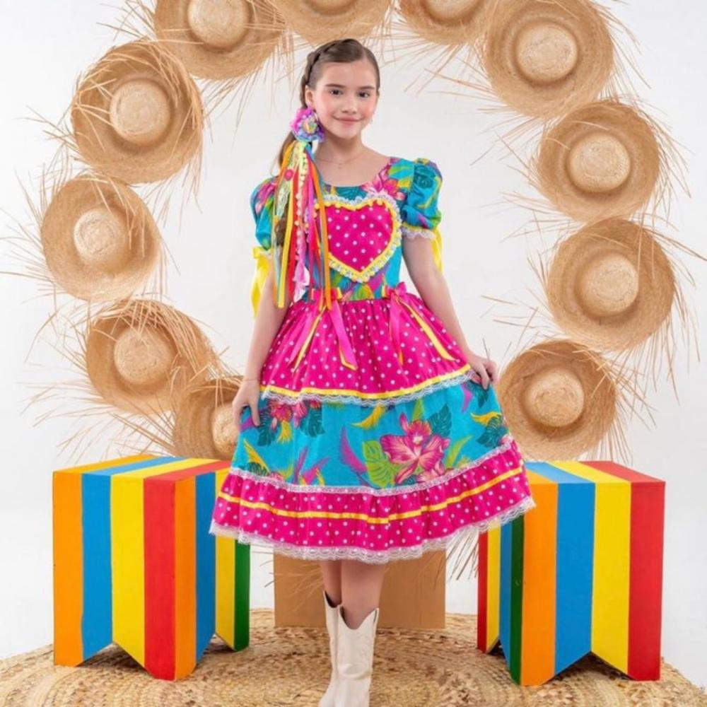 Vestido  junino Caipira Infantil Coração Rosa com Azul Turqueza