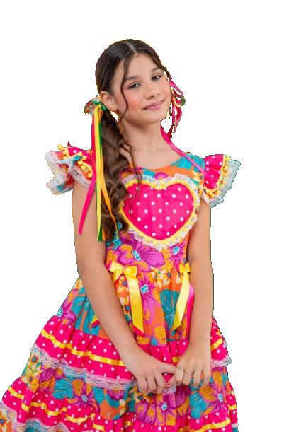 Vestido Caipira Infantil Coração Rosa  São João