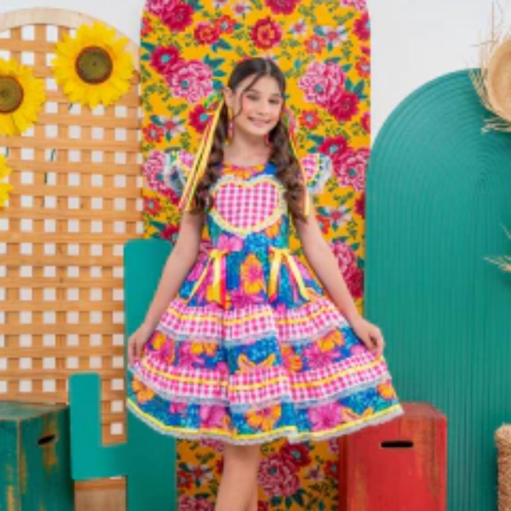 Vestido junino Caipira Infantil Coração Rosa com Azul Marinho