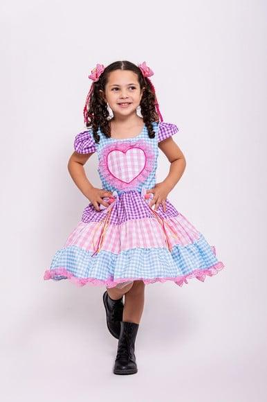 Vestido Caipira Coração São João Junino Rosa e Lilas