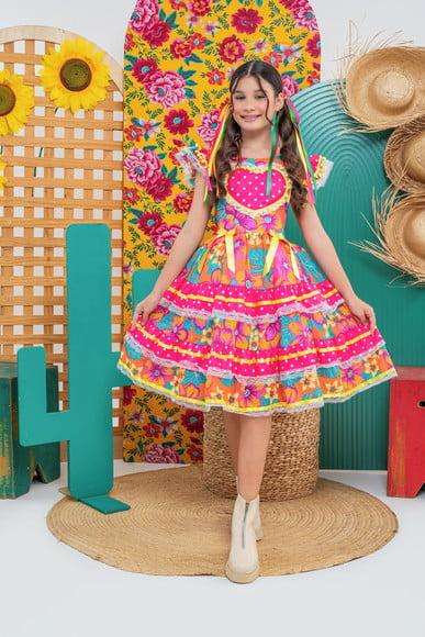 Vestido Caipira Infantil Coração Rosa com Laranja São João