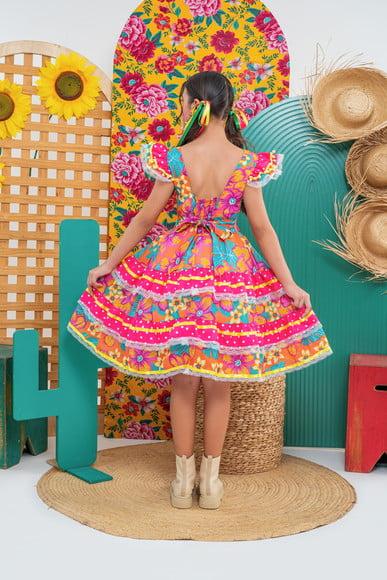 Vestido Caipira Infantil Coração Rosa com Laranja São João